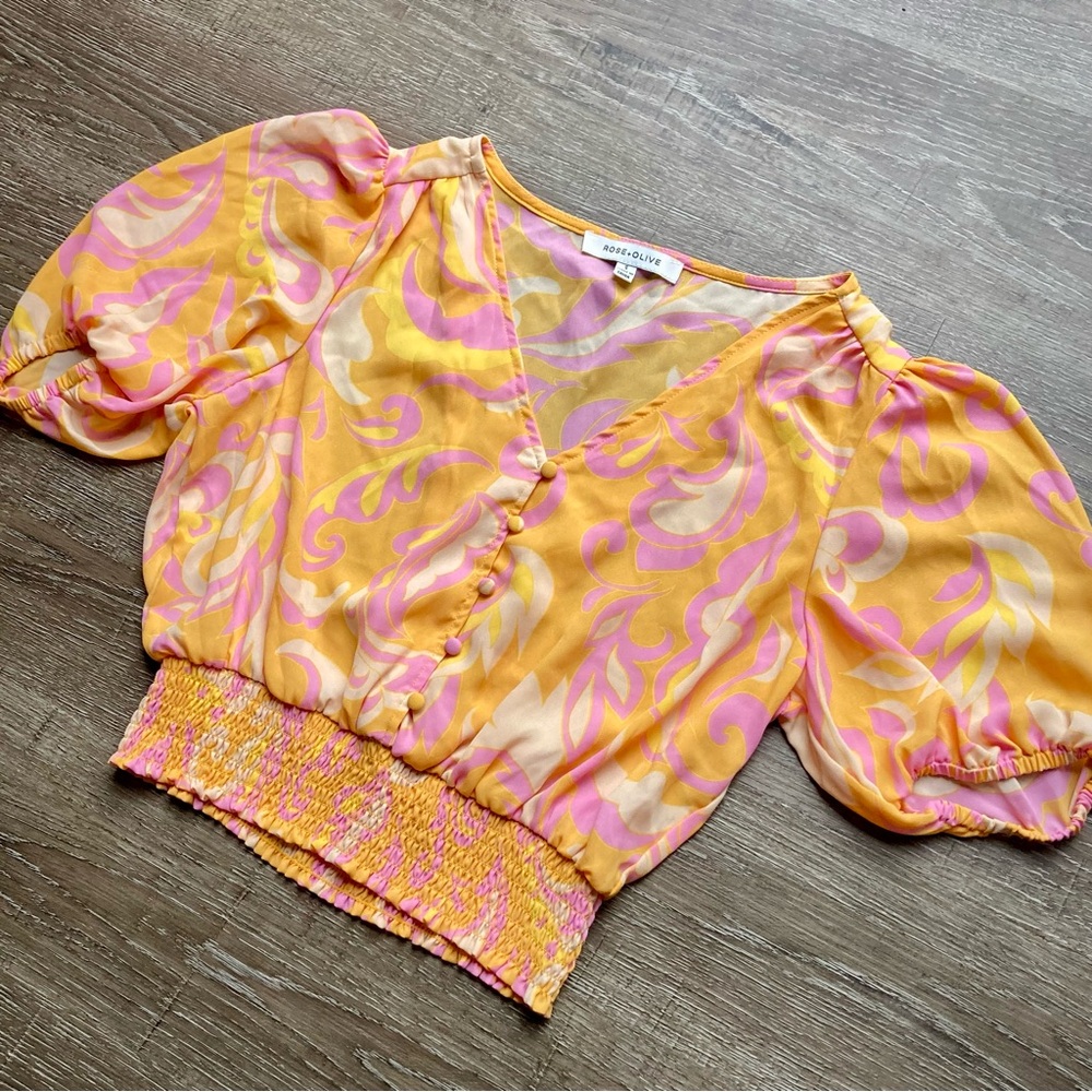 Rose & Olive Orange Paisley Crop Top Size Small